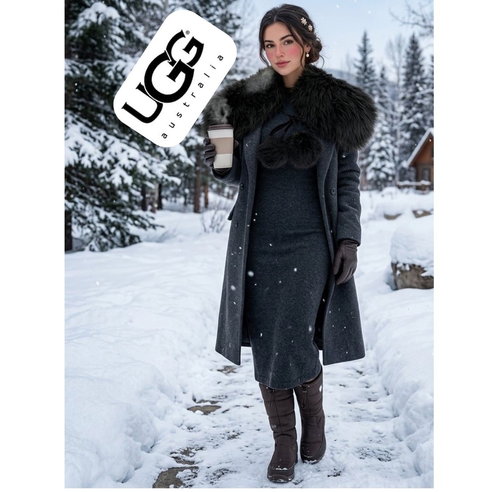 UGG‎ Australia Dark Green Sheepskin Fur Collar Shrug with Pom Pom Ties